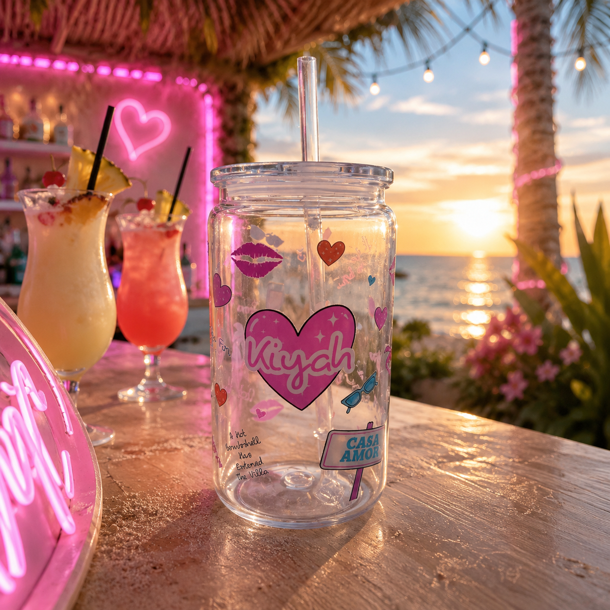 Personalised Love Island Inspired Libbey Cup | Custom Name Tumbler with Straw | Summer Reusable Iced Coffee Cup | Casa Amor Gift