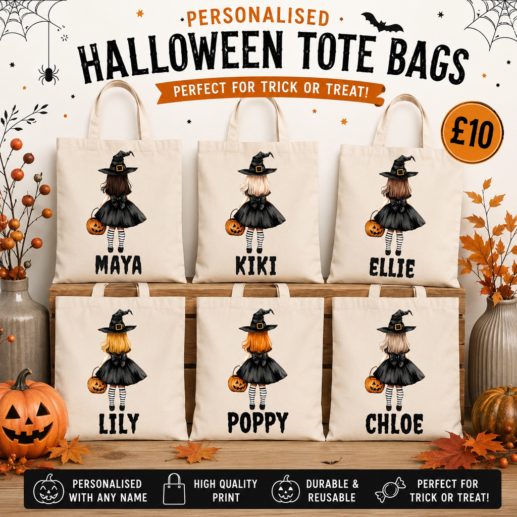 Personalised Halloween Trick or Treat Tote Bag | Custom Witch Pumpkin Bag with Name