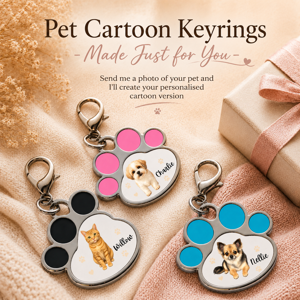 Personalised Pet Cartoon Paw Print Keyring | Custom Dog & Cat Gift