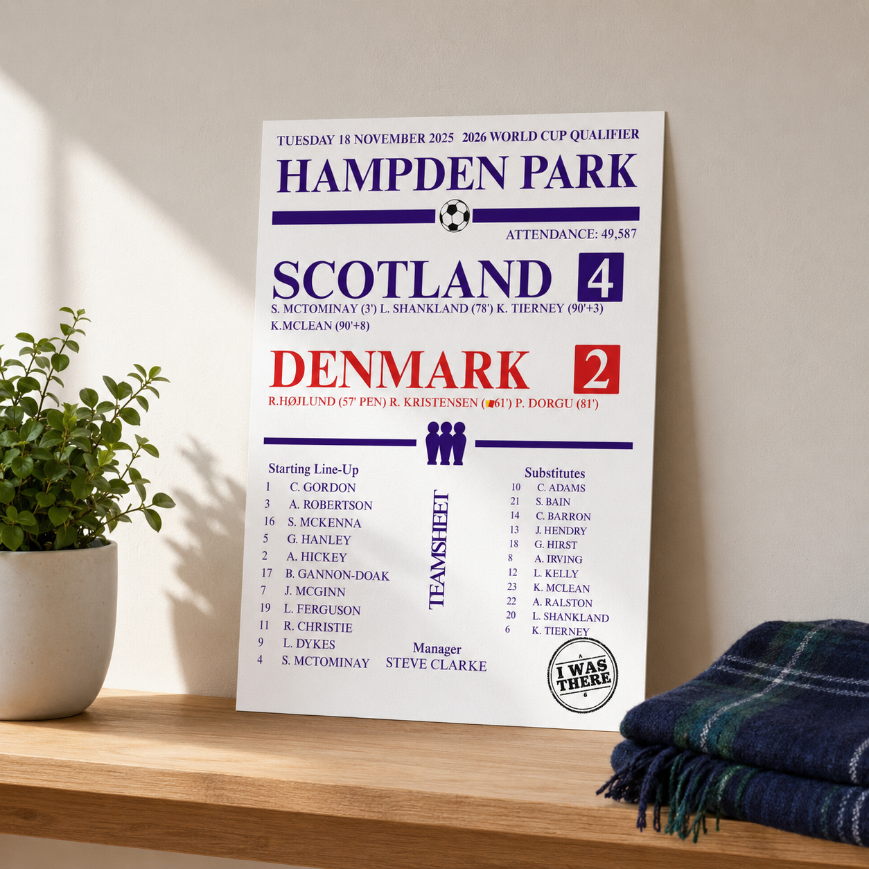Scotland 4–2 Denmark Match Print | Hampden Park Football Score Poster | A4 Unframed Scotland Football Gift