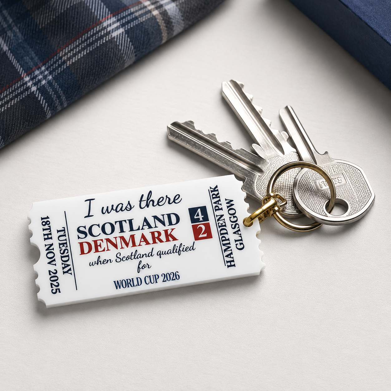 Scotland v Denmark 4-2 Hampden Park Acrylic Ticket Keyring – World Cup 2026 Keepsake