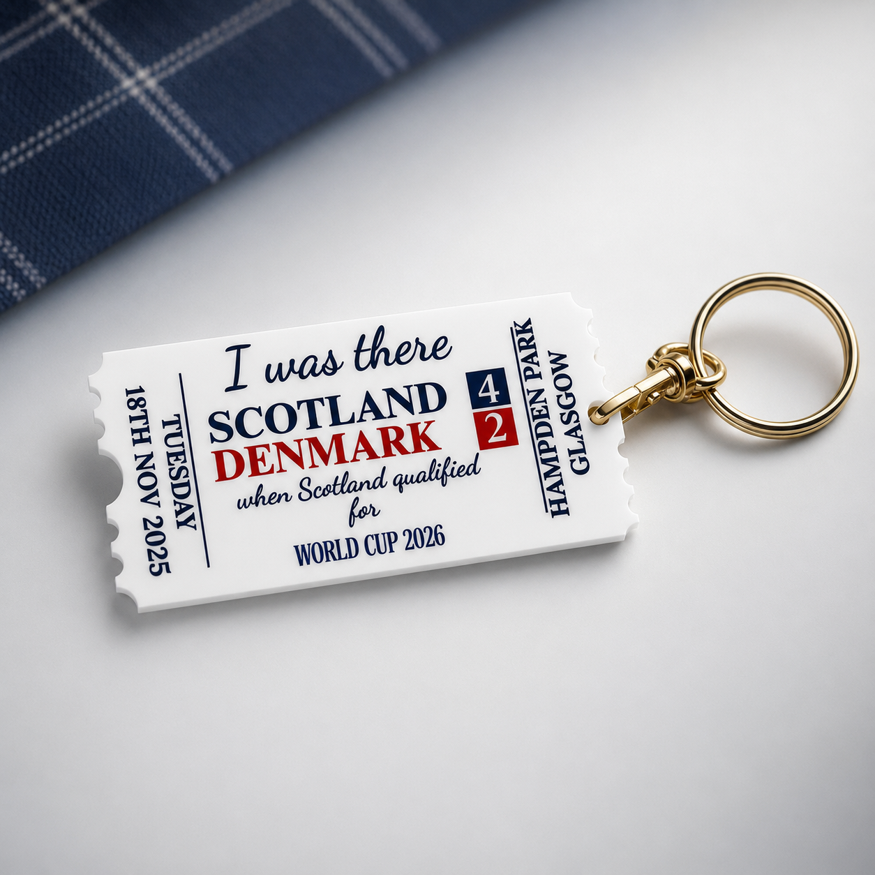 Scotland v Denmark 4-2 Hampden Park Acrylic Ticket Keyring – World Cup 2026 Keepsake