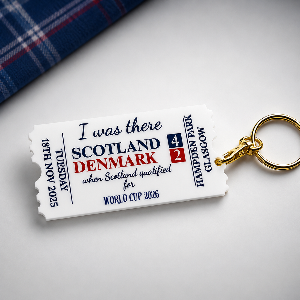 Scotland v Denmark 4-2 Hampden Park Acrylic Ticket Keyring – World Cup 2026 Keepsake