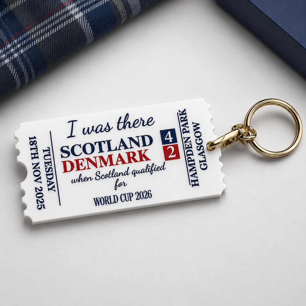 Scotland v Denmark 4-2 Hampden Park Acrylic Ticket Keyring – World Cup 2026 Keepsake