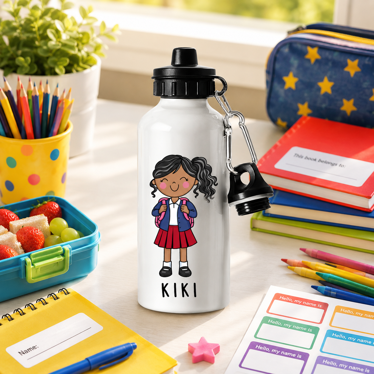 Personalised Girls School Water Bottle – 600ml Aluminium Bottle – Custom Name Bottle for School, Nursery & Travel