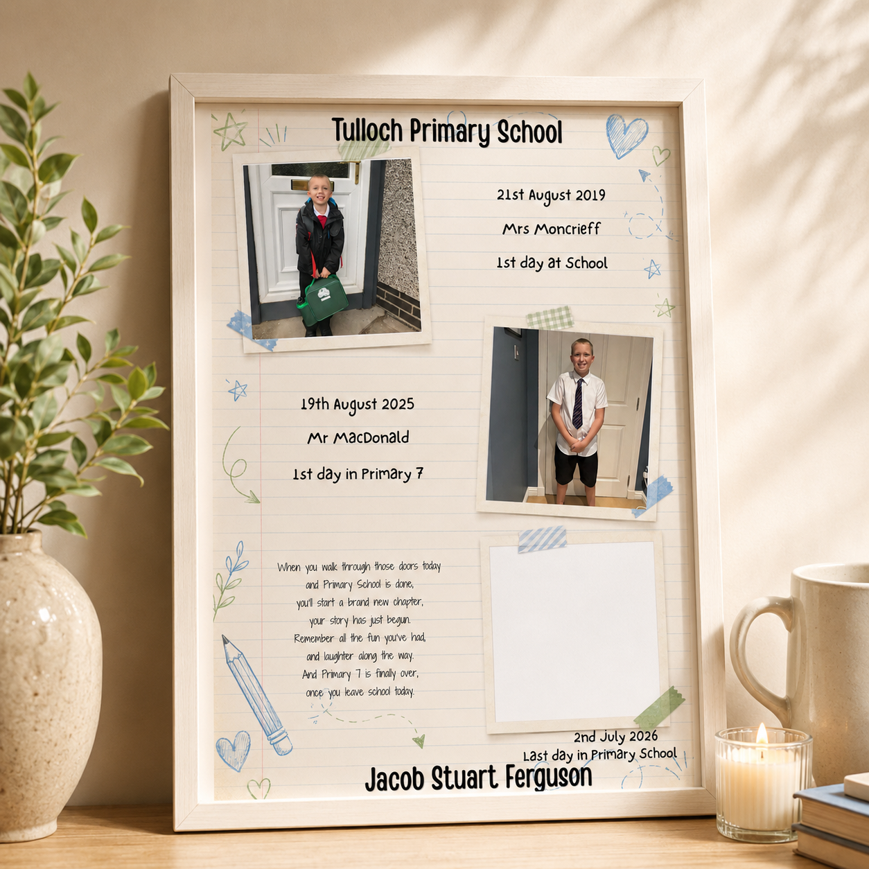 Personalised School Leavers Memory Print | First & Last Day of School Photo Gift | Primary 7 Keepsake Print