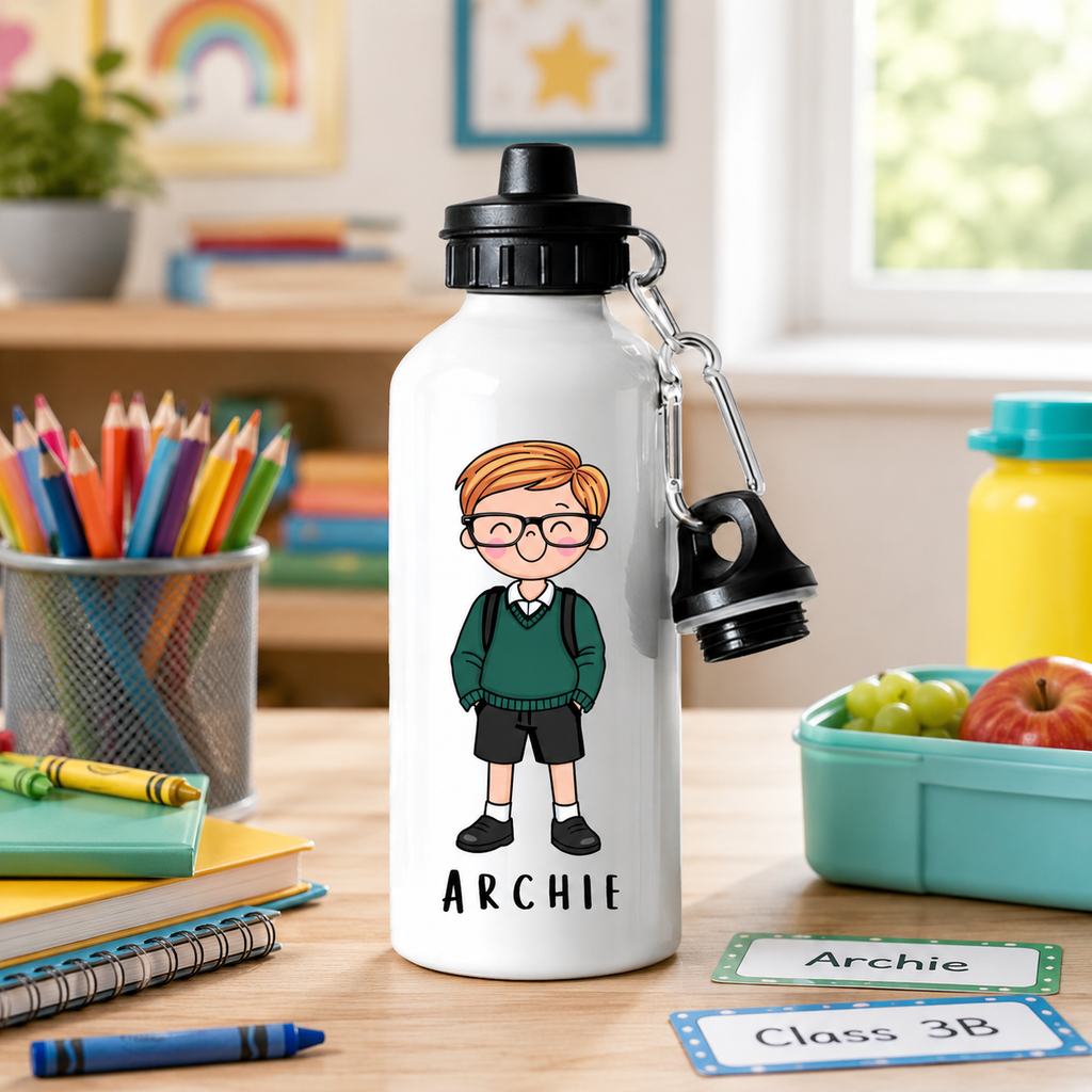 Personalised Boys School Water Bottle – 600ml Aluminium Bottle – Custom Name Bottle for School, Nursery & Travel