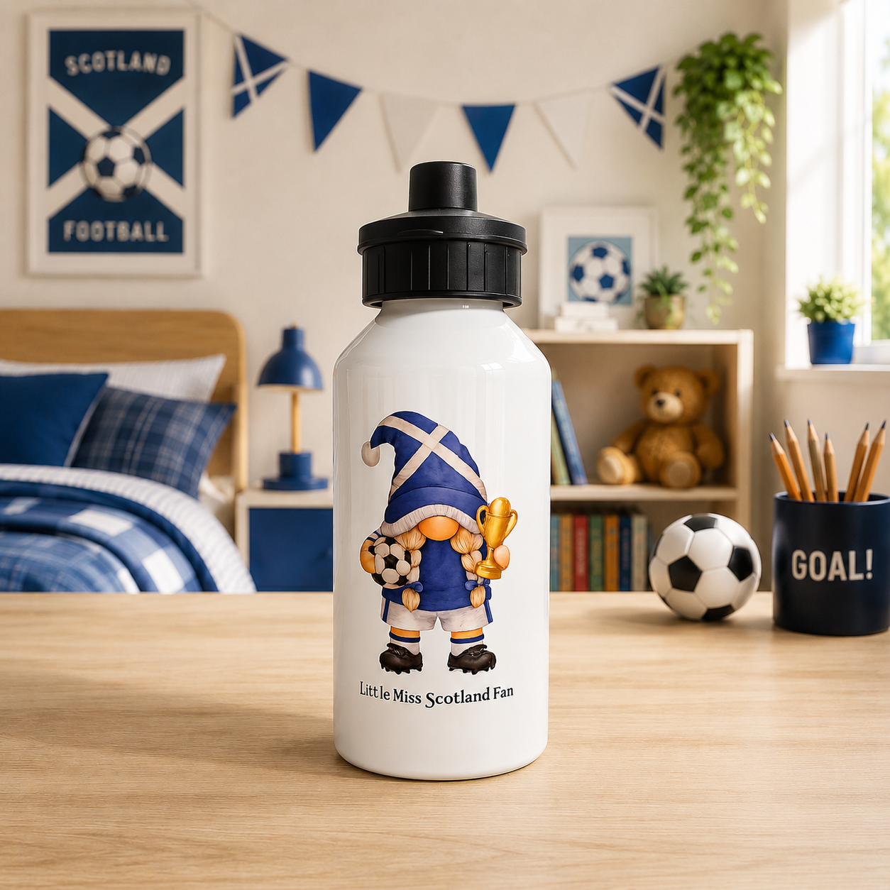 Little Miss Scotland Fan Water Bottle – 500ml Aluminium Drinks Bottle – Scotland Football Gonk Bottle for Girls