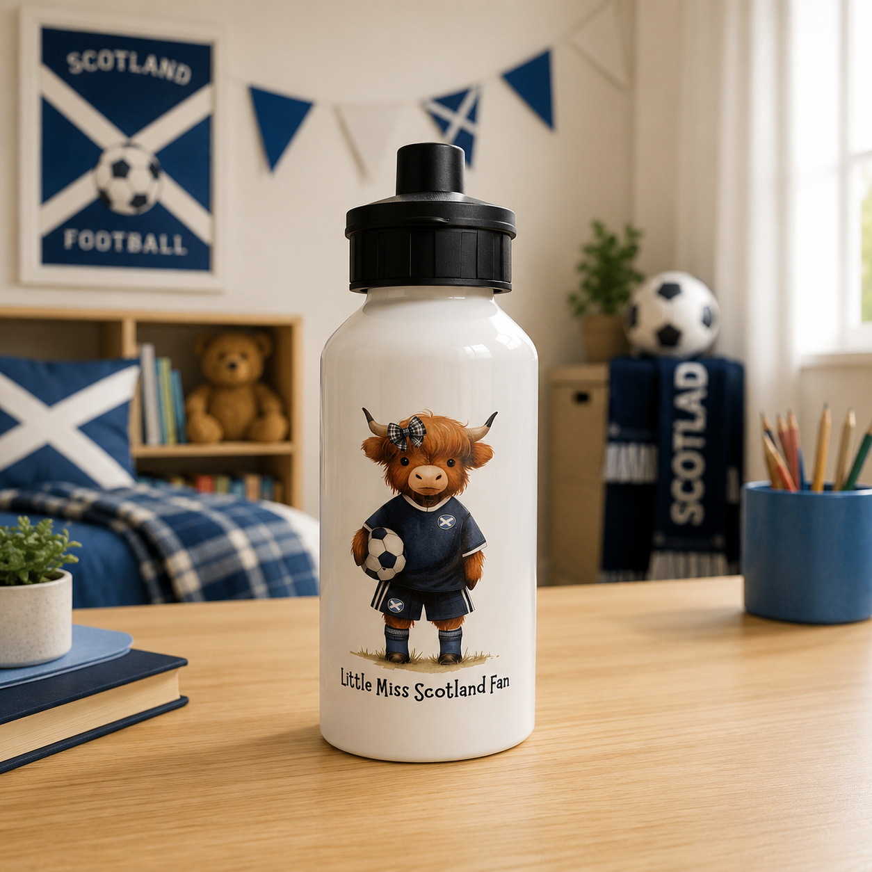 Little Miss Scotland Fan Water Bottle – 500ml Personalised Aluminium Drinks Bottle – Highland Cow Football Gift for Girls