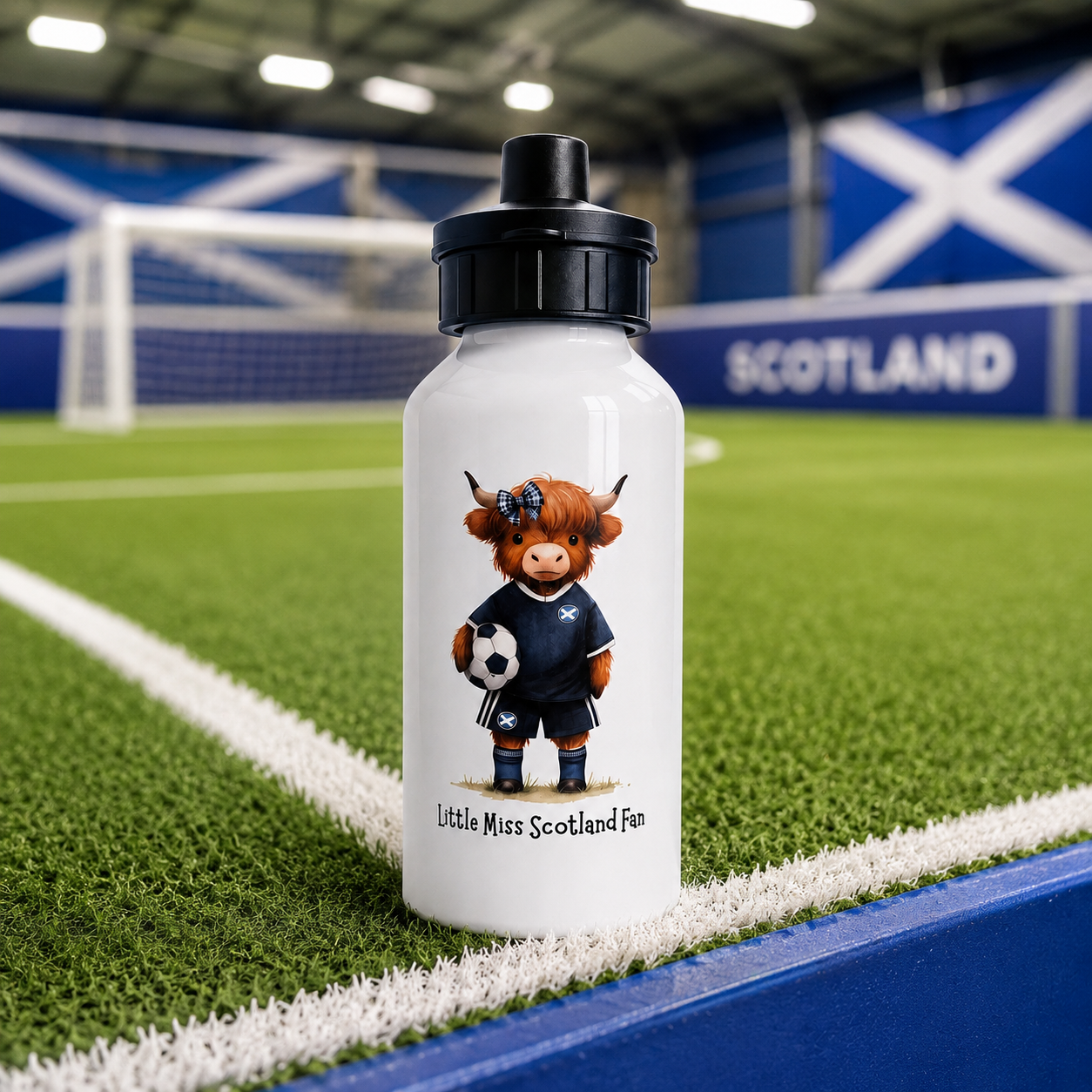 Little Miss Scotland Fan Water Bottle – 500ml Personalised Aluminium Drinks Bottle – Highland Cow Football Gift for Girls