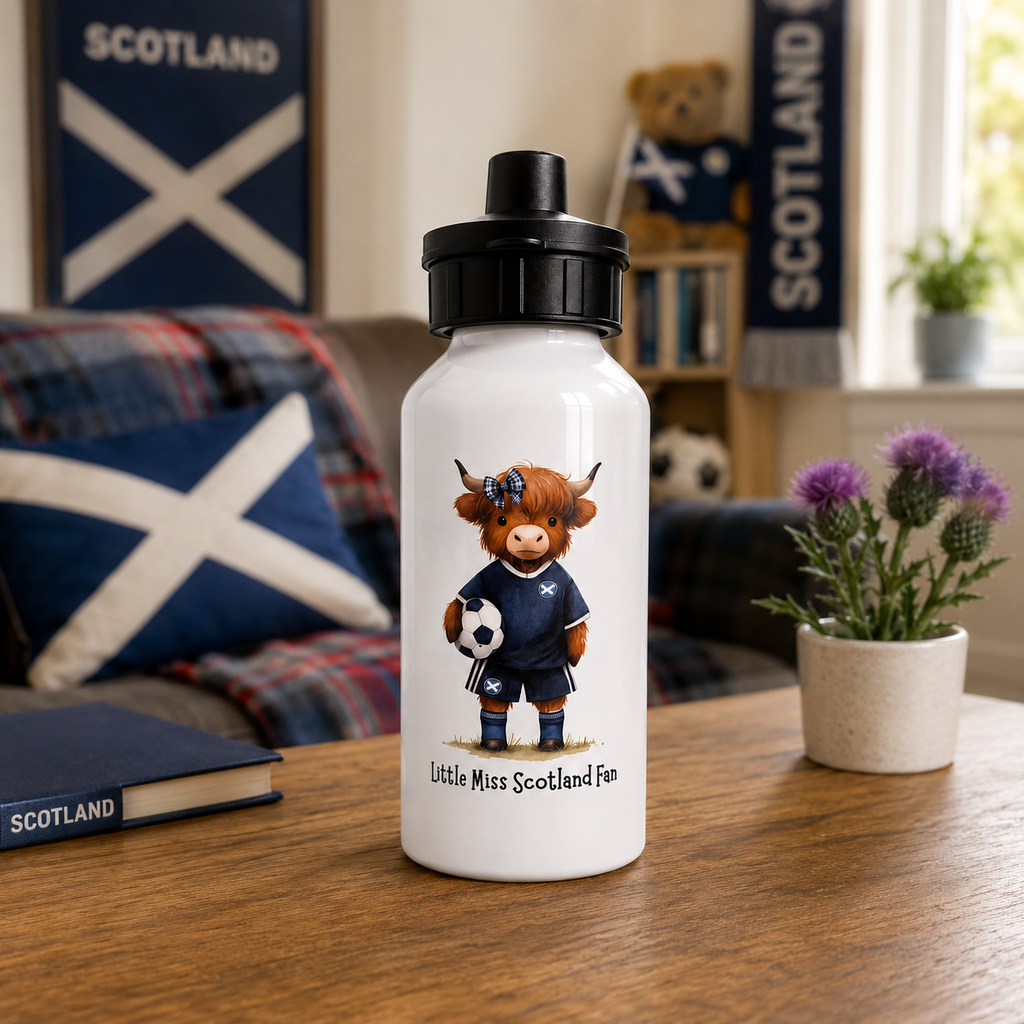 Little Miss Scotland Fan Water Bottle – 500ml Personalised Aluminium Drinks Bottle – Highland Cow Football Gift for Girls