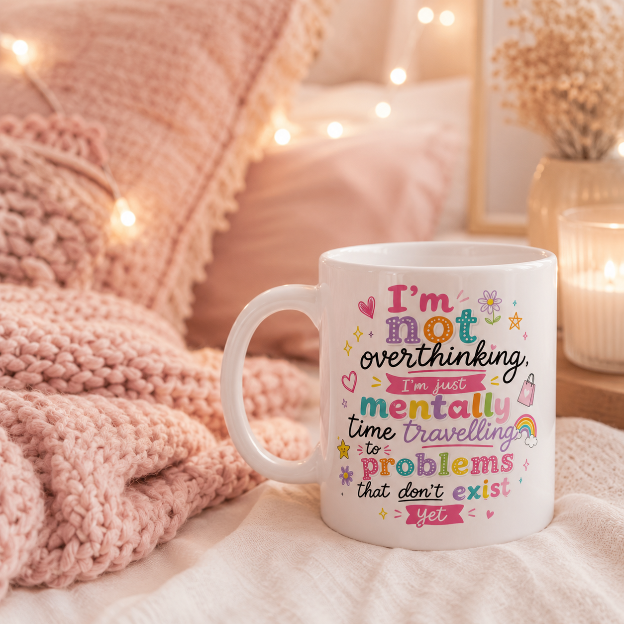 Funny Overthinking Mug – “I’m Not Overthinking, I’m Just Mentally Time Travelling to Problems That Don’t Exist Yet” | Cute Anxiety Coffee Cup Gift | 11oz Ceramic Mug