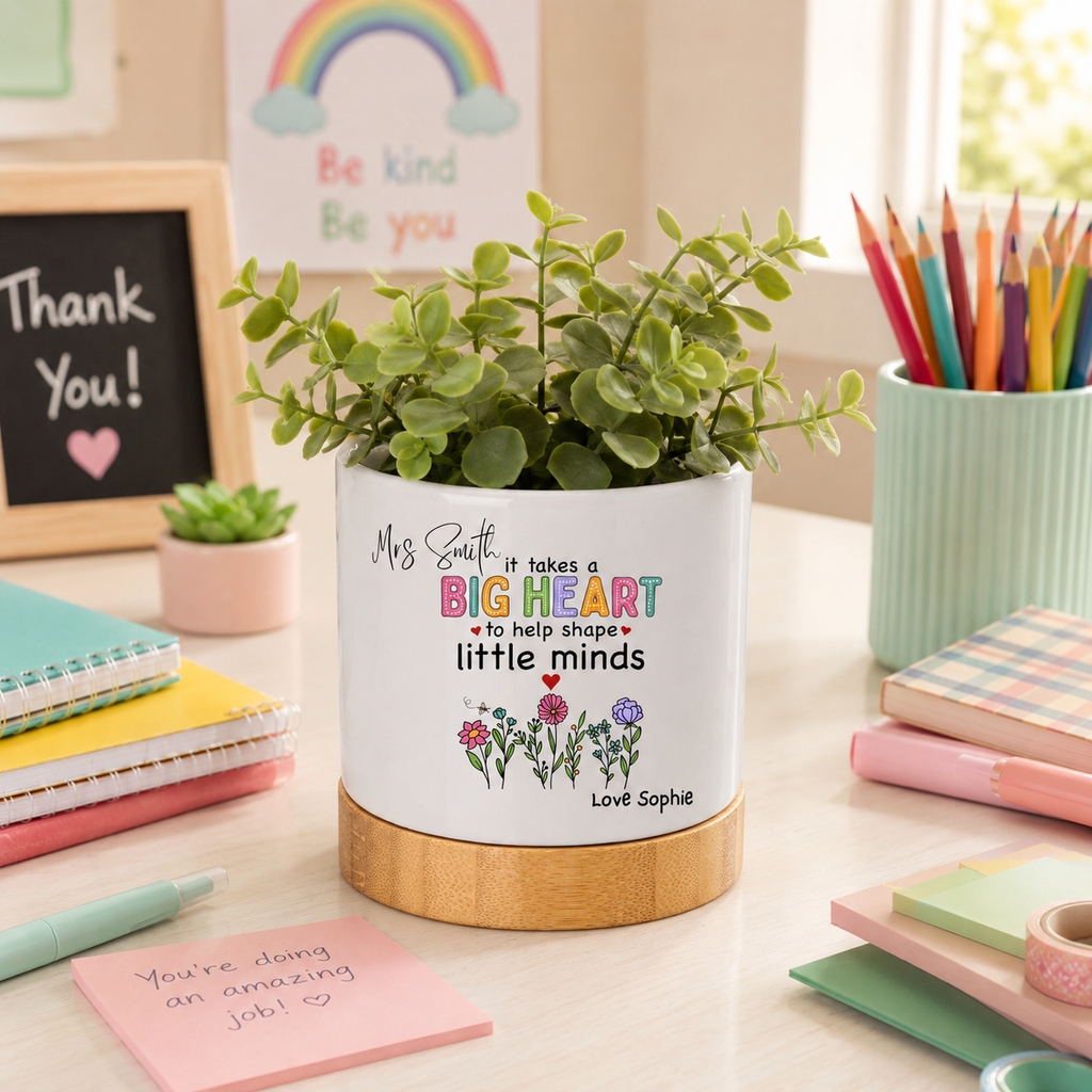 Personalised Teacher Plant Pot Gift | Custom Teacher Thank You Planter | End of Term Teacher Gift | “It Takes a Big Heart to Shape Little Minds”