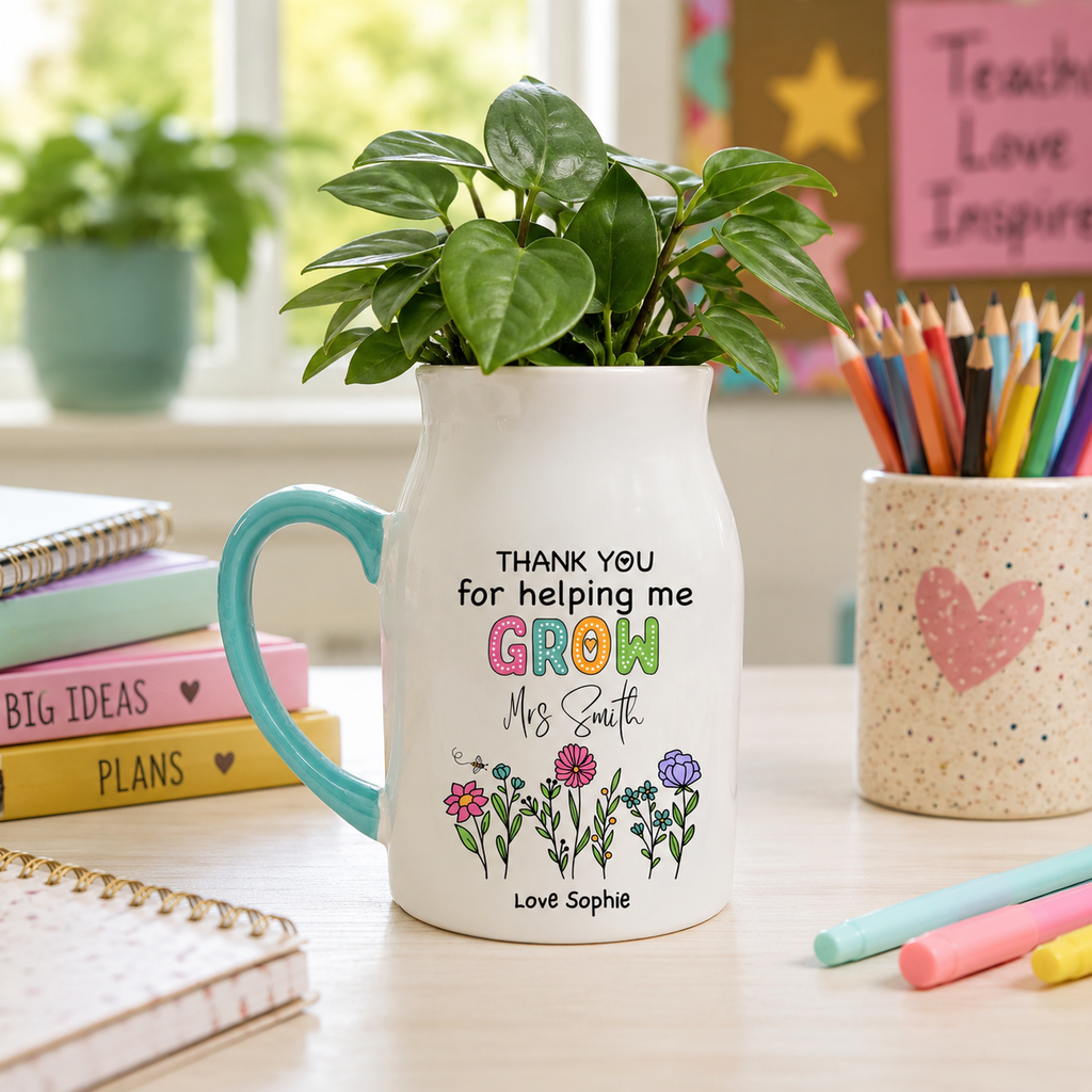 Personalised Teacher Plant Pot Mug | Thank You Teacher Gift | Custom Name Plant Pot | Pink or Mint Handle | End of Term Teacher Present