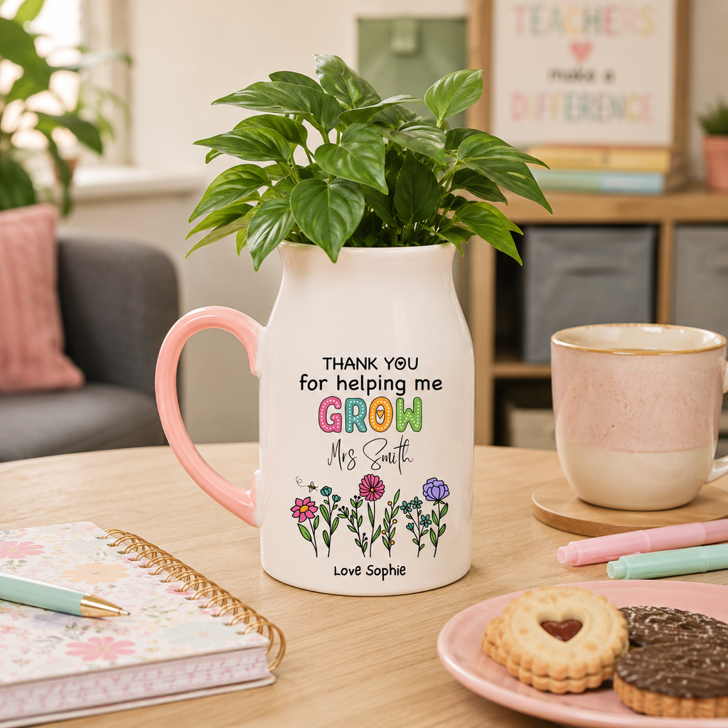 Personalised Teacher Plant Pot Mug | Thank You Teacher Gift | Custom Name Plant Pot | Pink or Mint Handle | End of Term Teacher Present