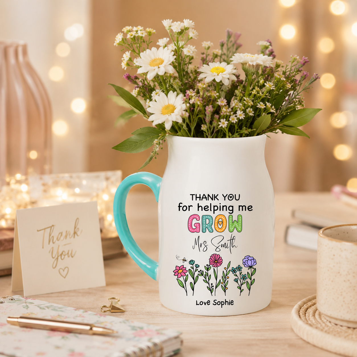 Personalised Teacher Plant Pot Mug | Thank You Teacher Gift | Custom Name Plant Pot | Pink or Mint Handle | End of Term Teacher Present