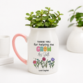 Personalised Teacher Plant Pot Mug | Thank You Teacher Gift | Custom Name Plant Pot | Pink or Mint Handle | End of Term Teacher Present