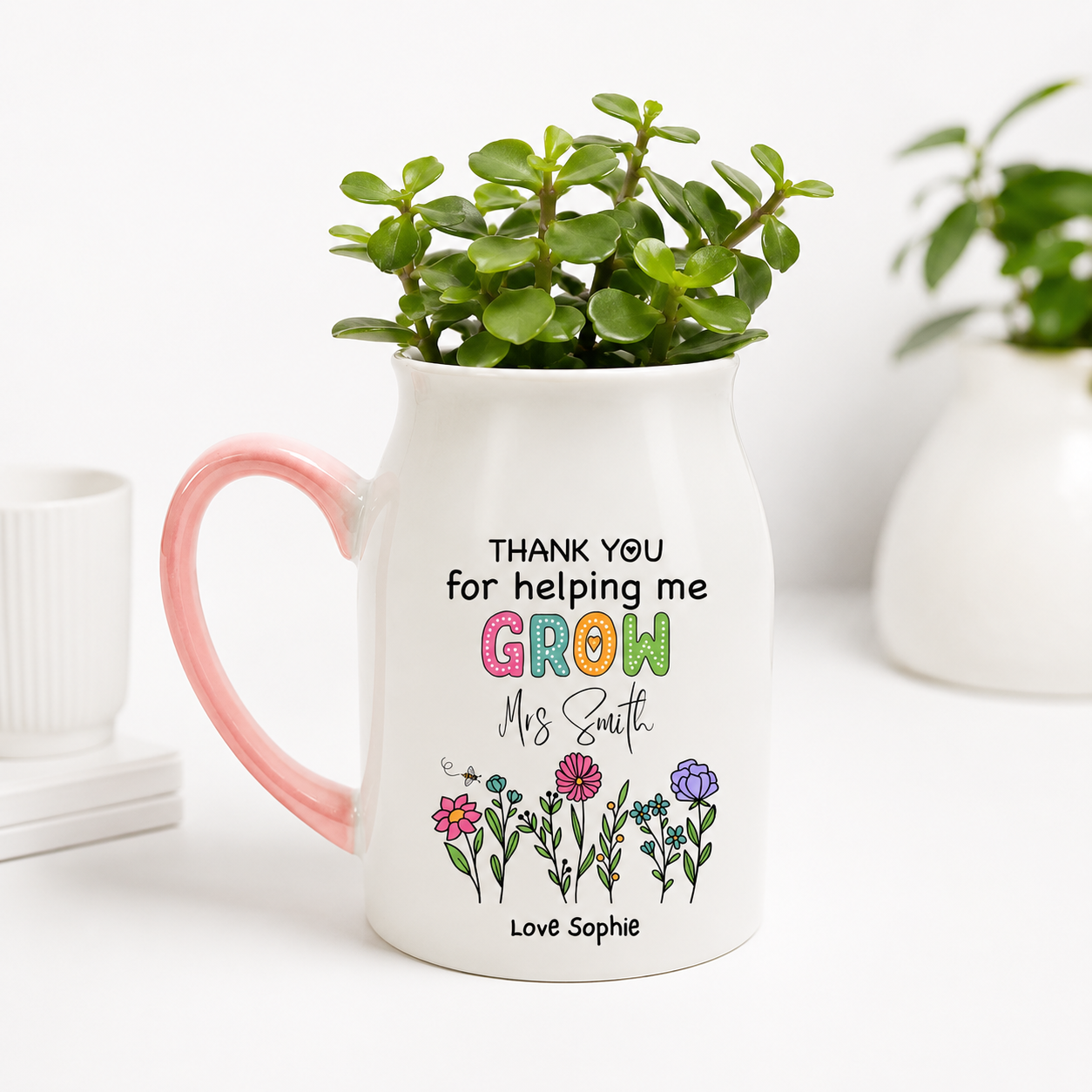 Personalised Teacher Plant Pot Mug | Thank You Teacher Gift | Custom Name Plant Pot | Pink or Mint Handle | End of Term Teacher Present