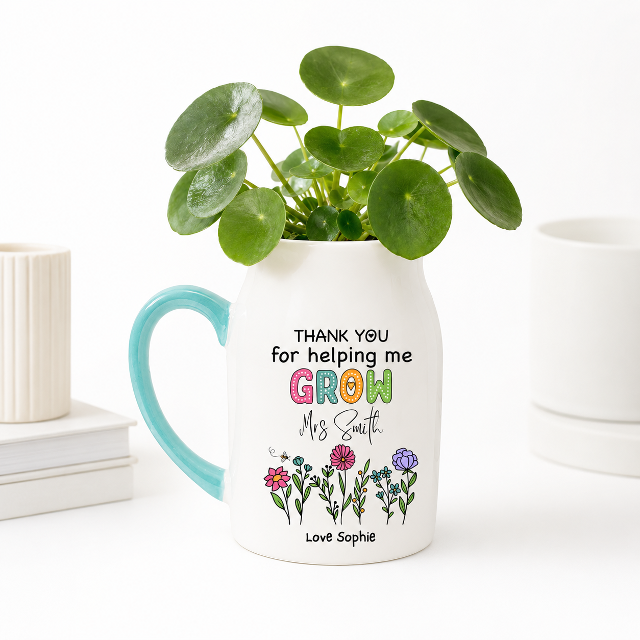 Personalised Teacher Plant Pot Mug | Thank You Teacher Gift | Custom Name Plant Pot | Pink or Mint Handle | End of Term Teacher Present