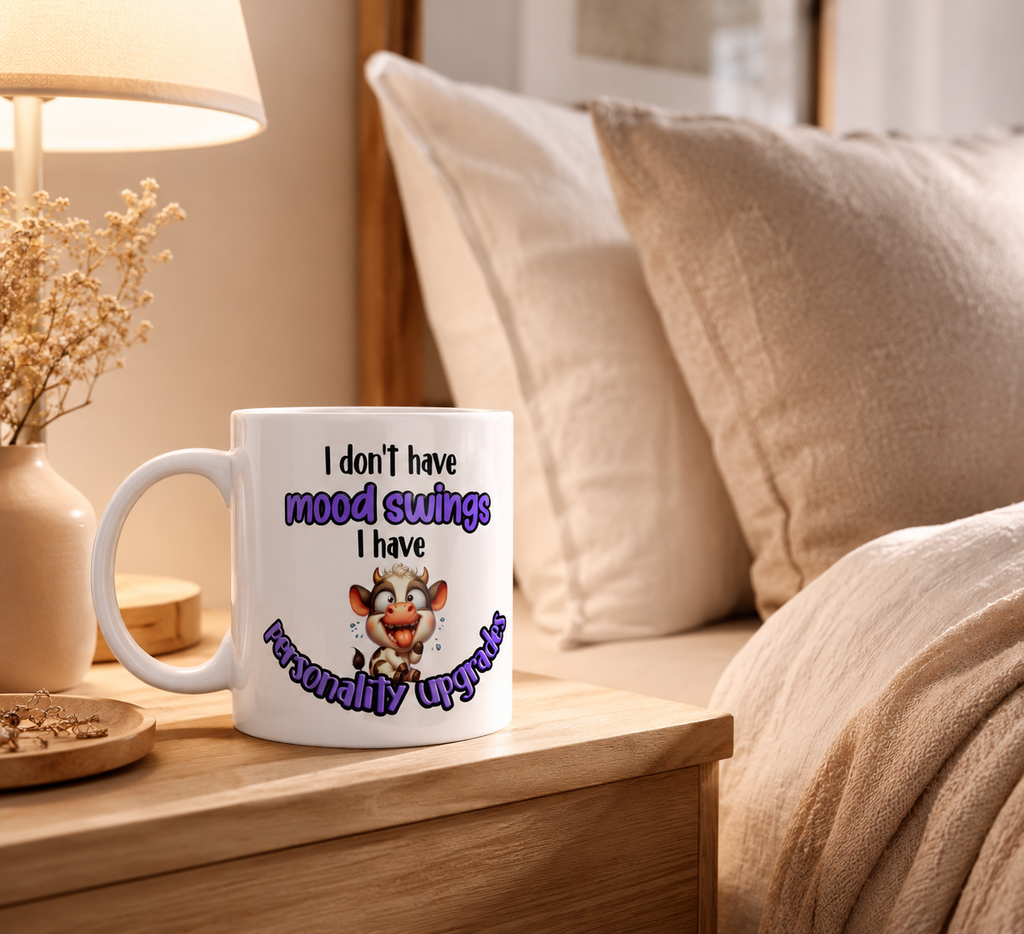 Funny Cow Mood Swings Mug – “I Don’t Have Mood Swings I Have Personality Upgrades” Mug – Cute Sarcastic Coffee Cup Gift