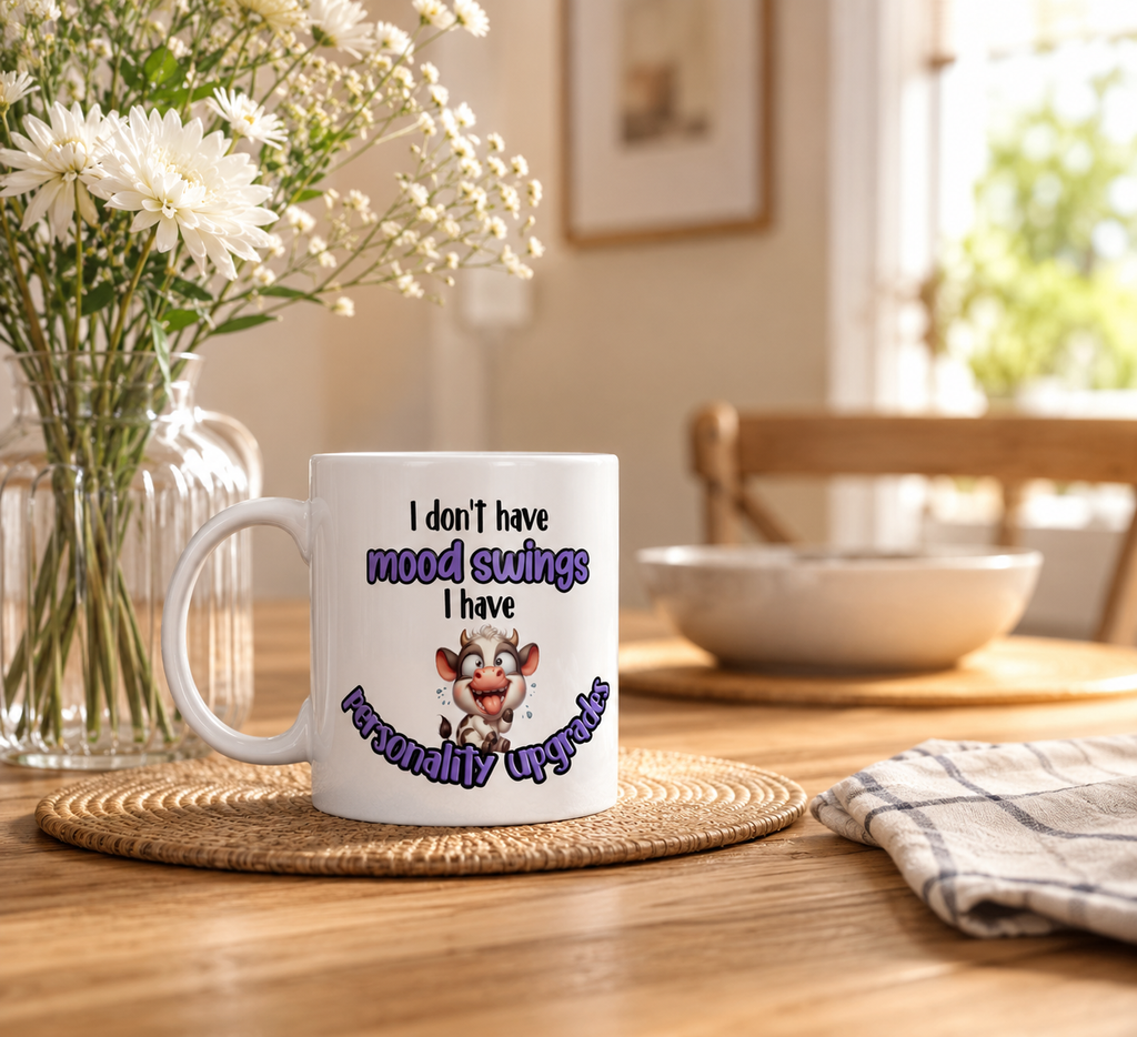 Funny Cow Mood Swings Mug – “I Don’t Have Mood Swings I Have Personality Upgrades” Mug – Cute Sarcastic Coffee Cup Gift