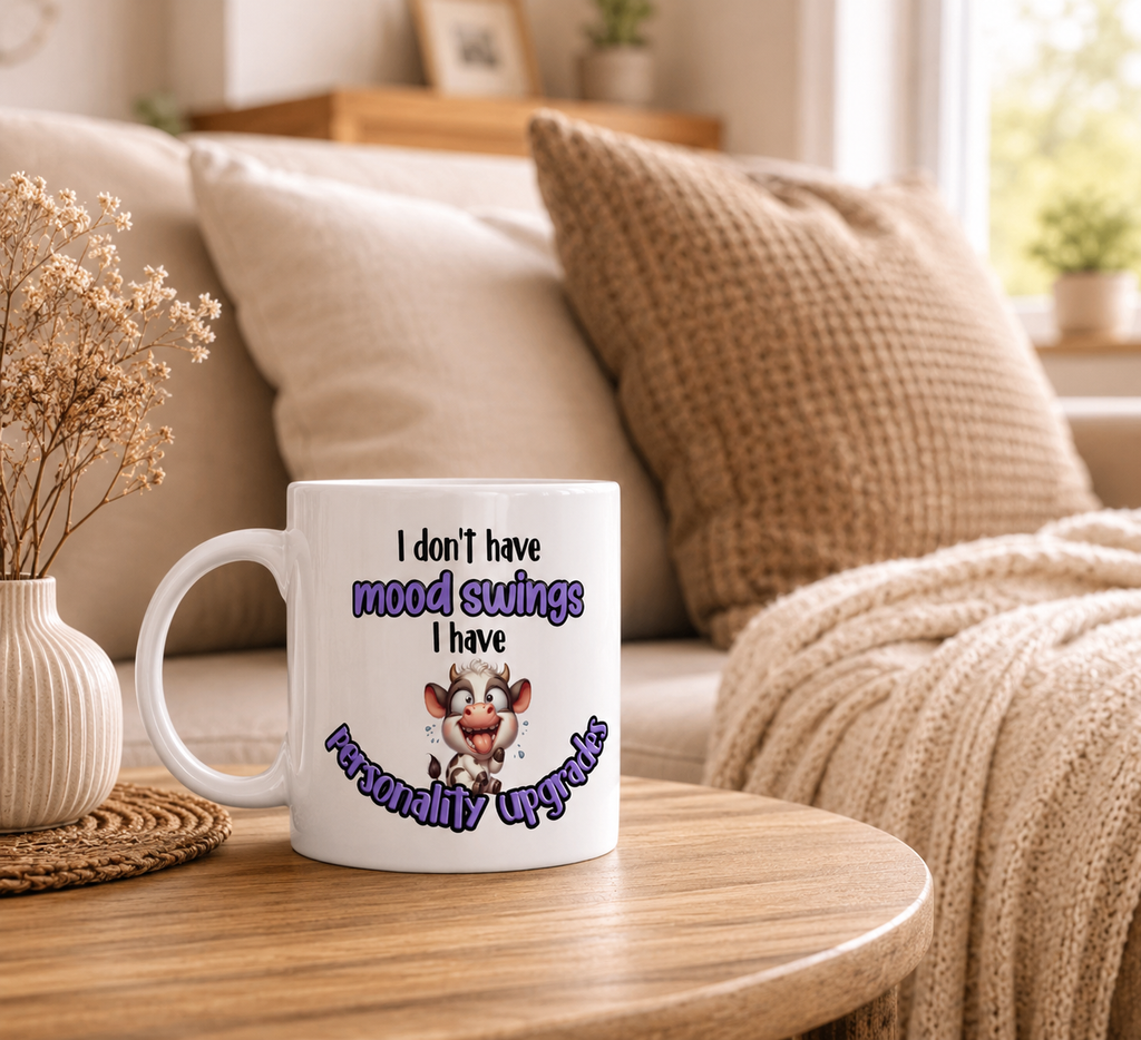 Funny Cow Mood Swings Mug – “I Don’t Have Mood Swings I Have Personality Upgrades” Mug – Cute Sarcastic Coffee Cup Gift