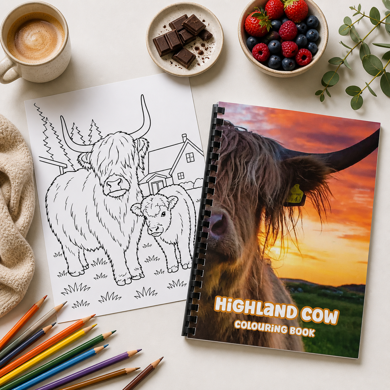 Highland Cow Colouring Book – A4 20 Page Colouring Book for Adults & Kids