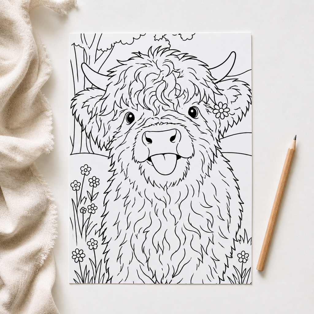 Highland Cow Colouring Book – A4 20 Page Colouring Book for Adults & Kids