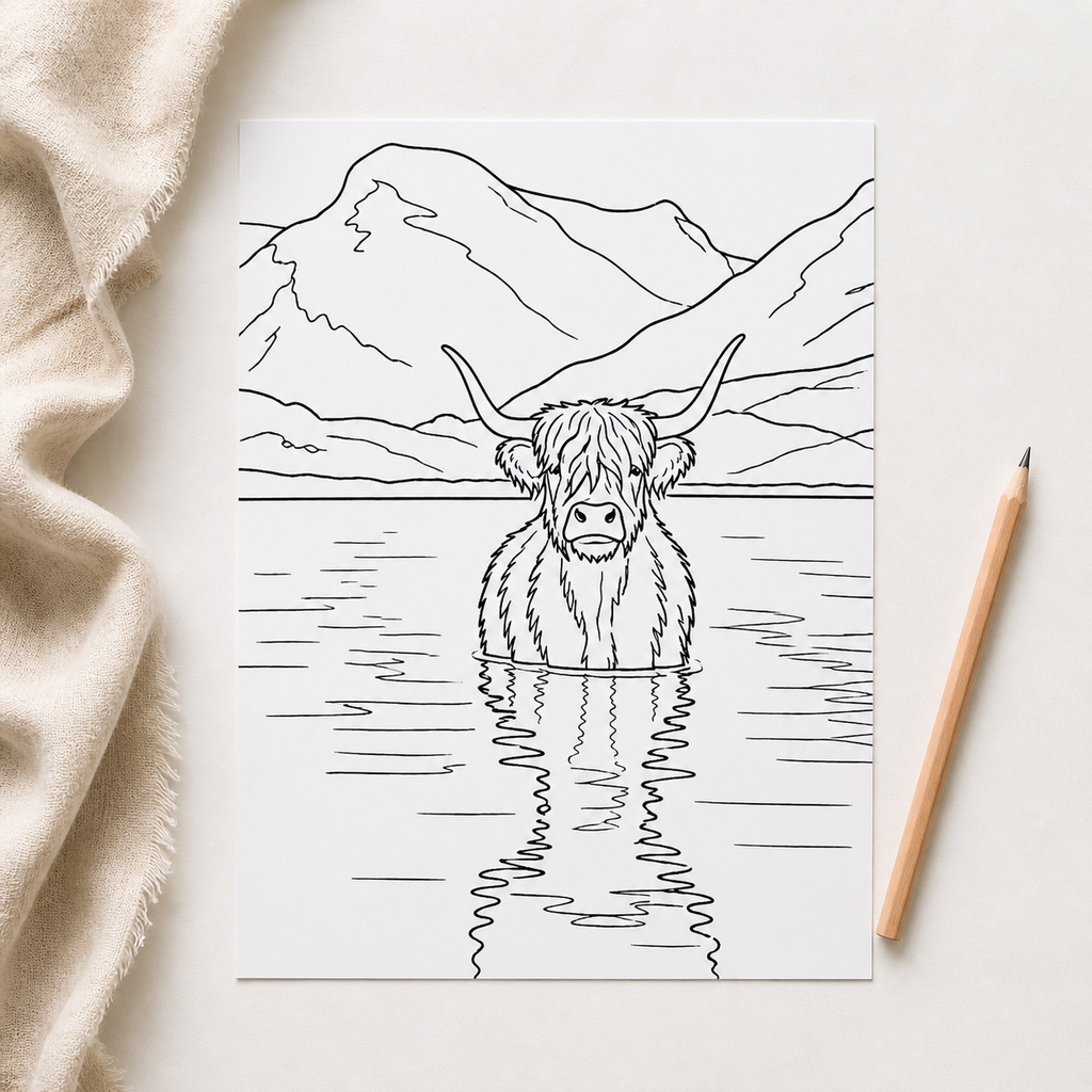 Highland Cow Colouring Book – A4 20 Page Colouring Book for Adults & Kids