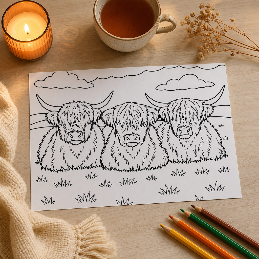 Highland Cow Colouring Book – A4 20 Page Colouring Book for Adults & Kids