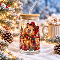 Capybara Christmas Glass Can with Red Bow, Bamboo Lid & Straw