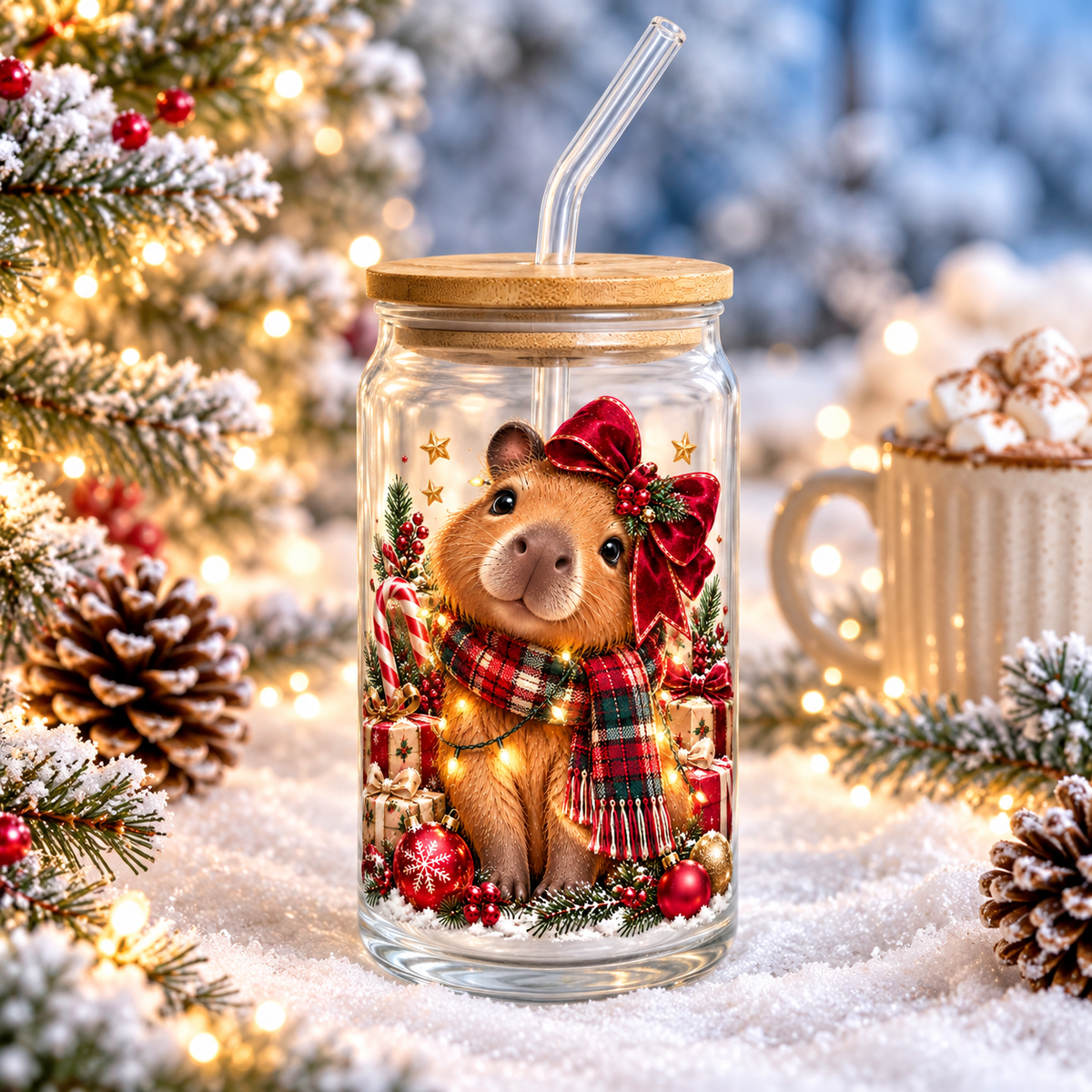 Capybara Christmas Glass Can with Red Bow, Bamboo Lid & Straw