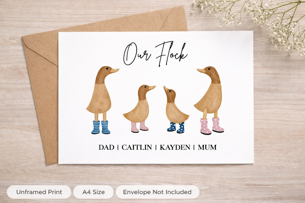 Personalised Family Duck Print – Custom Family Name A4 Wall Art Gift