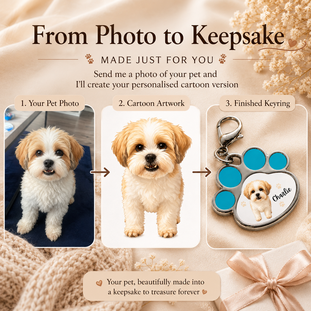 Personalised Pet Cartoon Paw Print Keyring | Custom Dog & Cat Gift