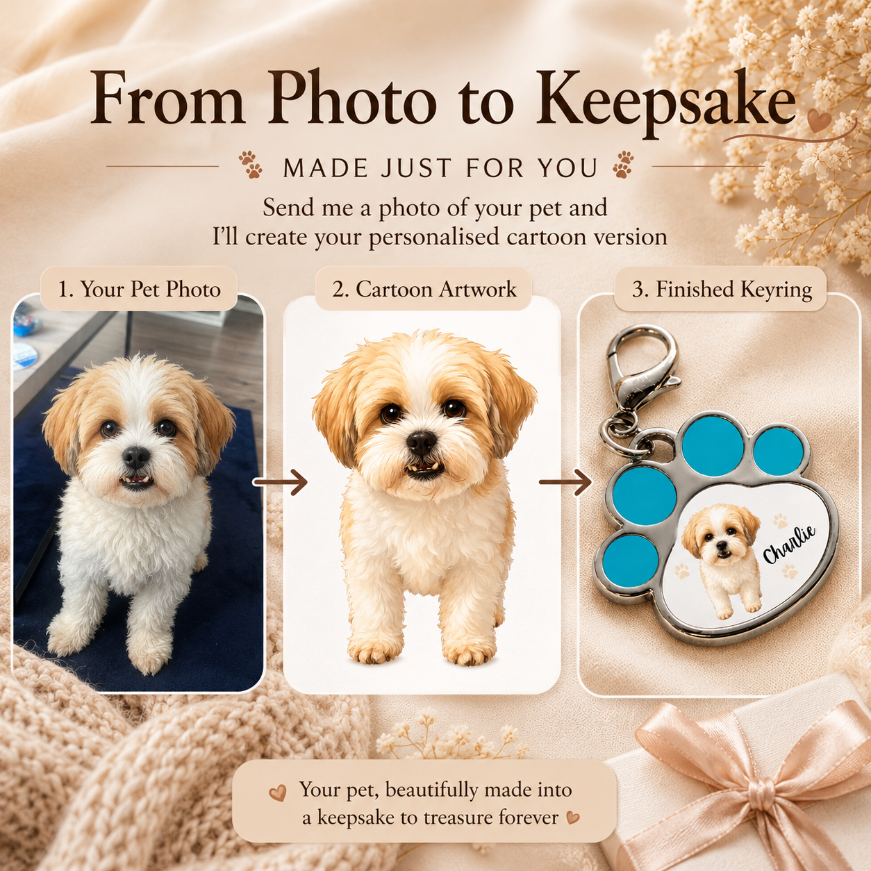 Personalised Pet Cartoon Paw Print Keyring | Custom Dog & Cat Gift