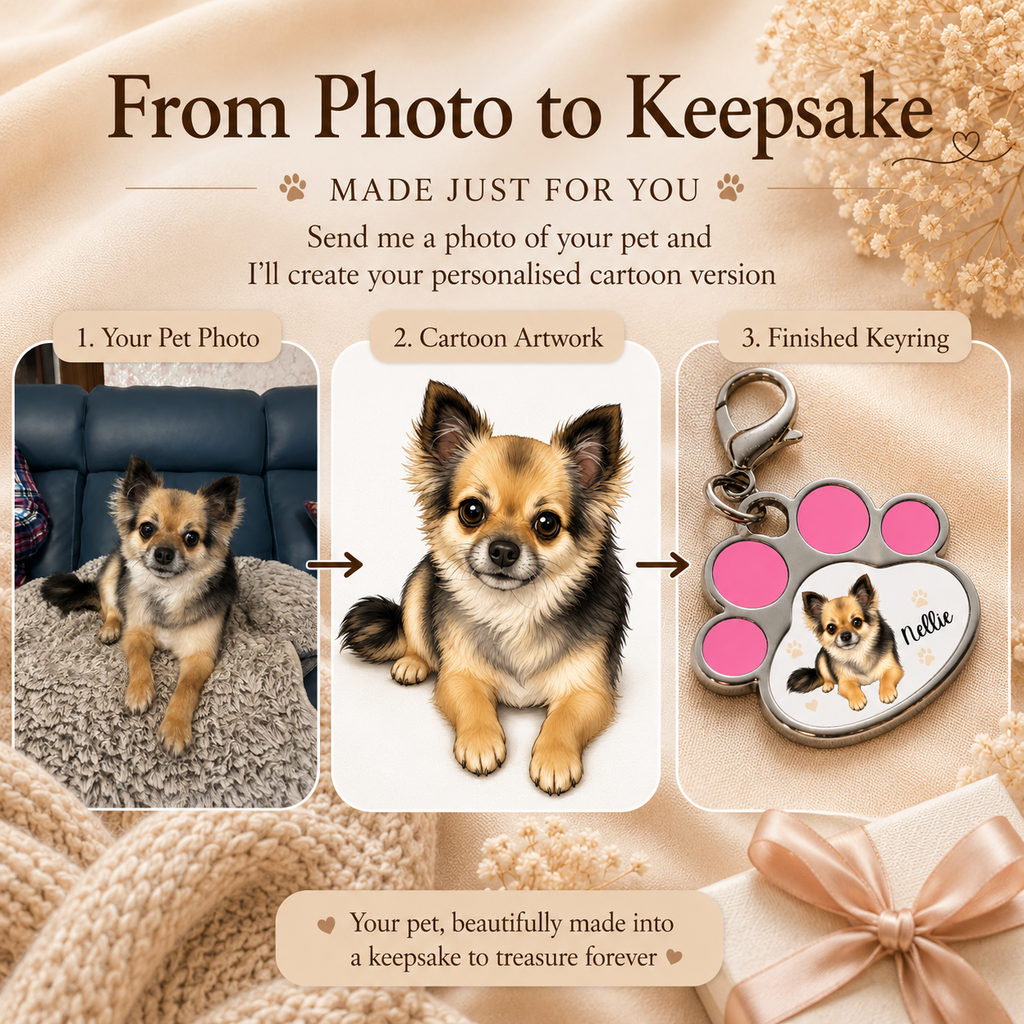 Personalised Pet Cartoon Paw Print Keyring | Custom Dog & Cat Gift