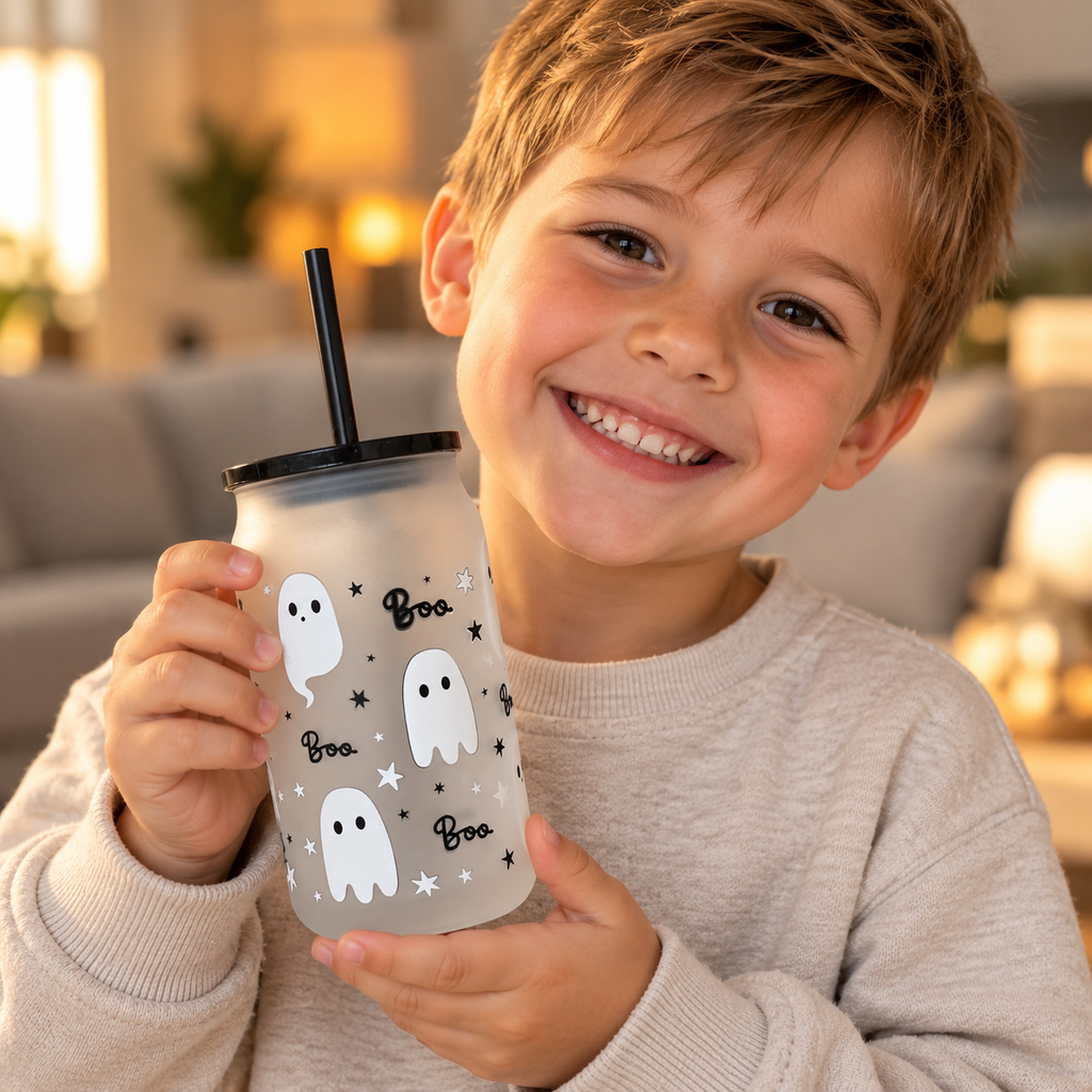 A smiling young boy in a beige sweater holds a frosted tumbler with a black straw. The tumbler is decorated with white ghost illustrations, black stars, and the word 'Boo' repeated in black script.