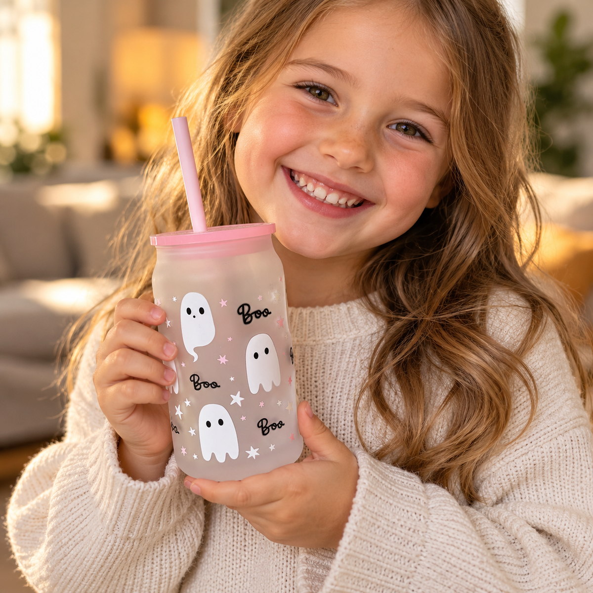 A young girl with long light brown hair smiles while holding a frosted tumbler with a pink lid and straw. The cup has a Halloween-themed design with white ghosts, black 'Boo' text, and small pink stars.