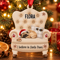 Personalised Christmas dog bauble shaped like an armchair, with a pug asleep in a Santa hat and a custom name