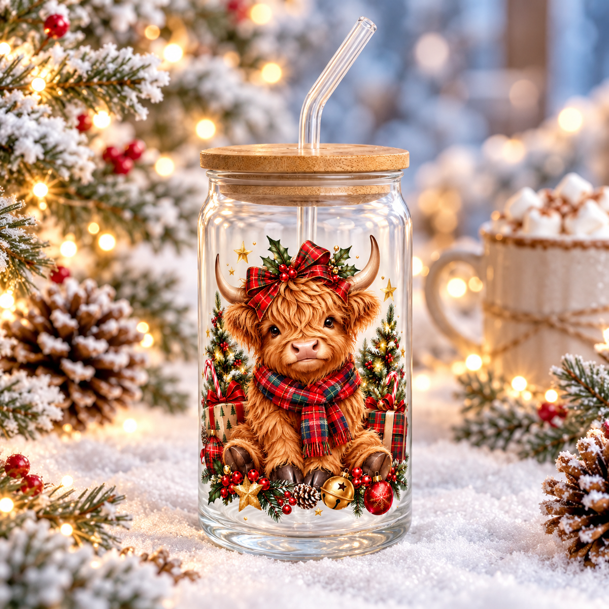 A clear glass jar tumbler with a bamboo lid and glass straw, decorated with a festive illustration of a Highland cow wearing a red plaid scarf and bow. The tumbler is set in a snowy, Christmas-themed environment with pine branches, warm string lights, and a mug of hot cocoa in the background.