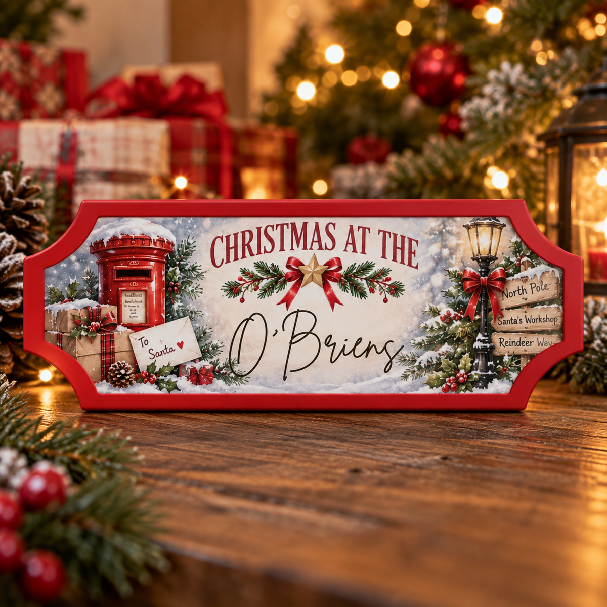 Christmas personalised sign, red post box design, reading Christmas at the O'Briens