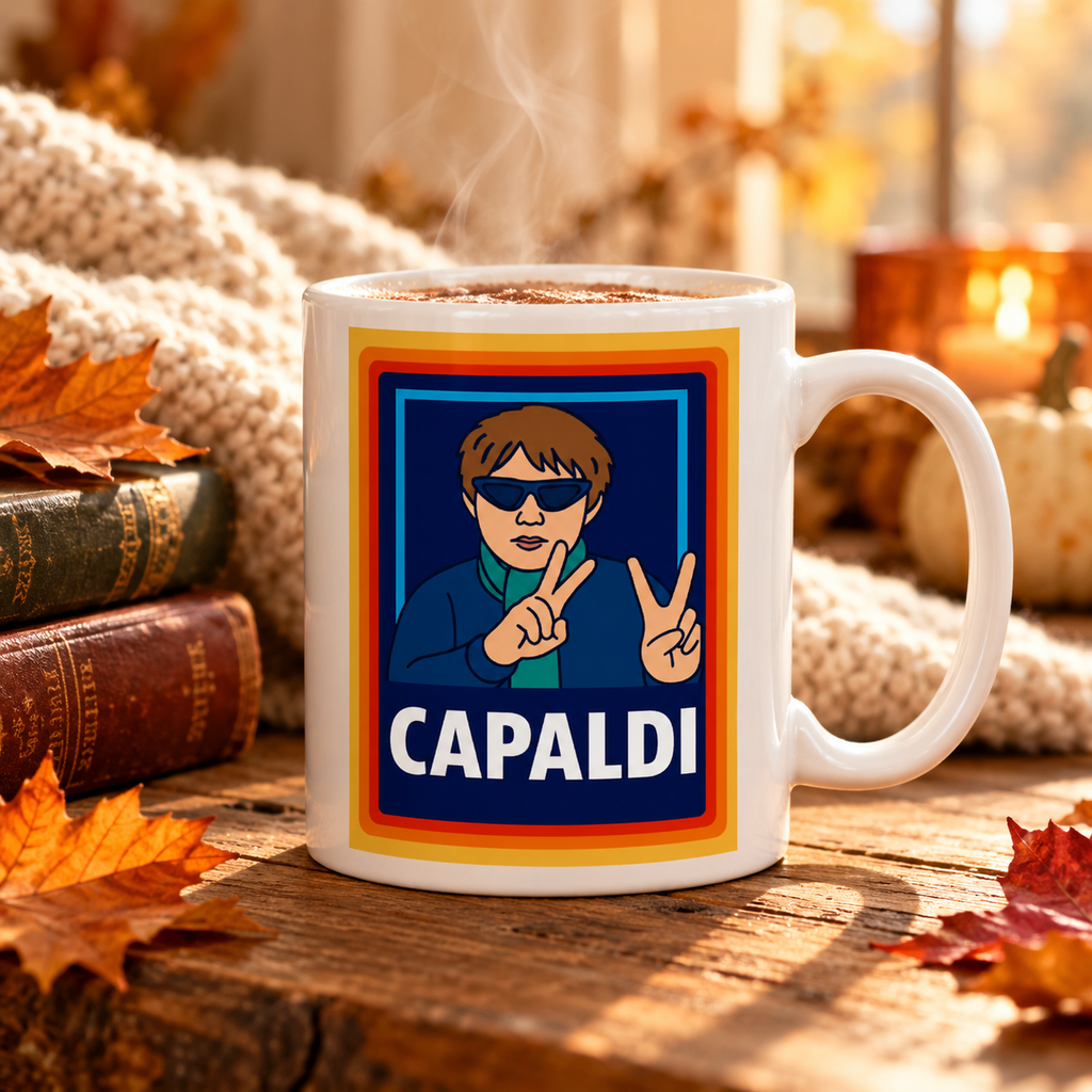 A white ceramic mug with a colorful graphic of a cartoon character wearing sunglasses and making peace signs, with the text 'CAPALDI' below. The mug is set on a rustic wooden table surrounded by autumn leaves, a knitted blanket, and books in a warm, cozy setting.