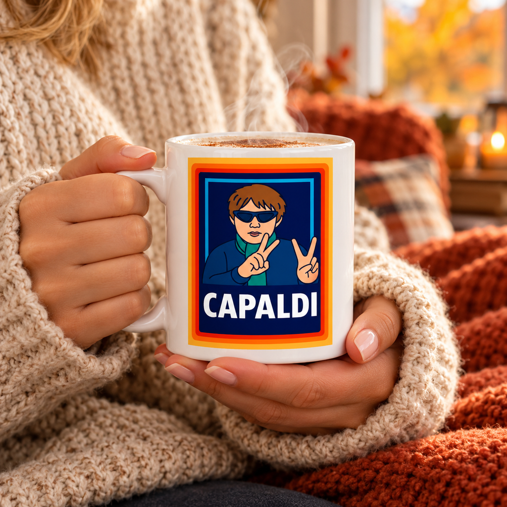 A person in a chunky knit sweater holds a white ceramic mug with a colorful graphic of a cartoon character making peace signs and the name 'CAPALDI' printed below. The background shows a cozy indoor setting with warm lighting and autumn colors.