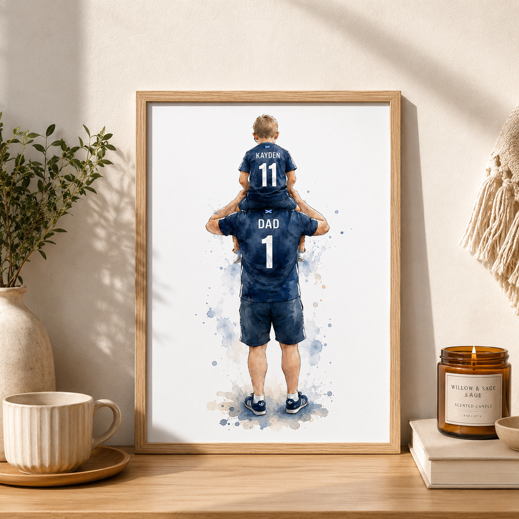 artwork of a father and son wearing matching blue jerseys on a wooden surface.