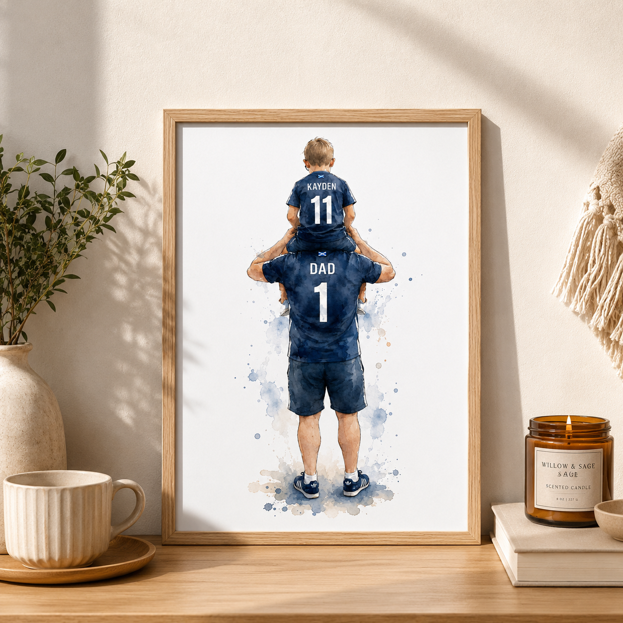 artwork of a father and son wearing matching blue jerseys on a wooden surface.