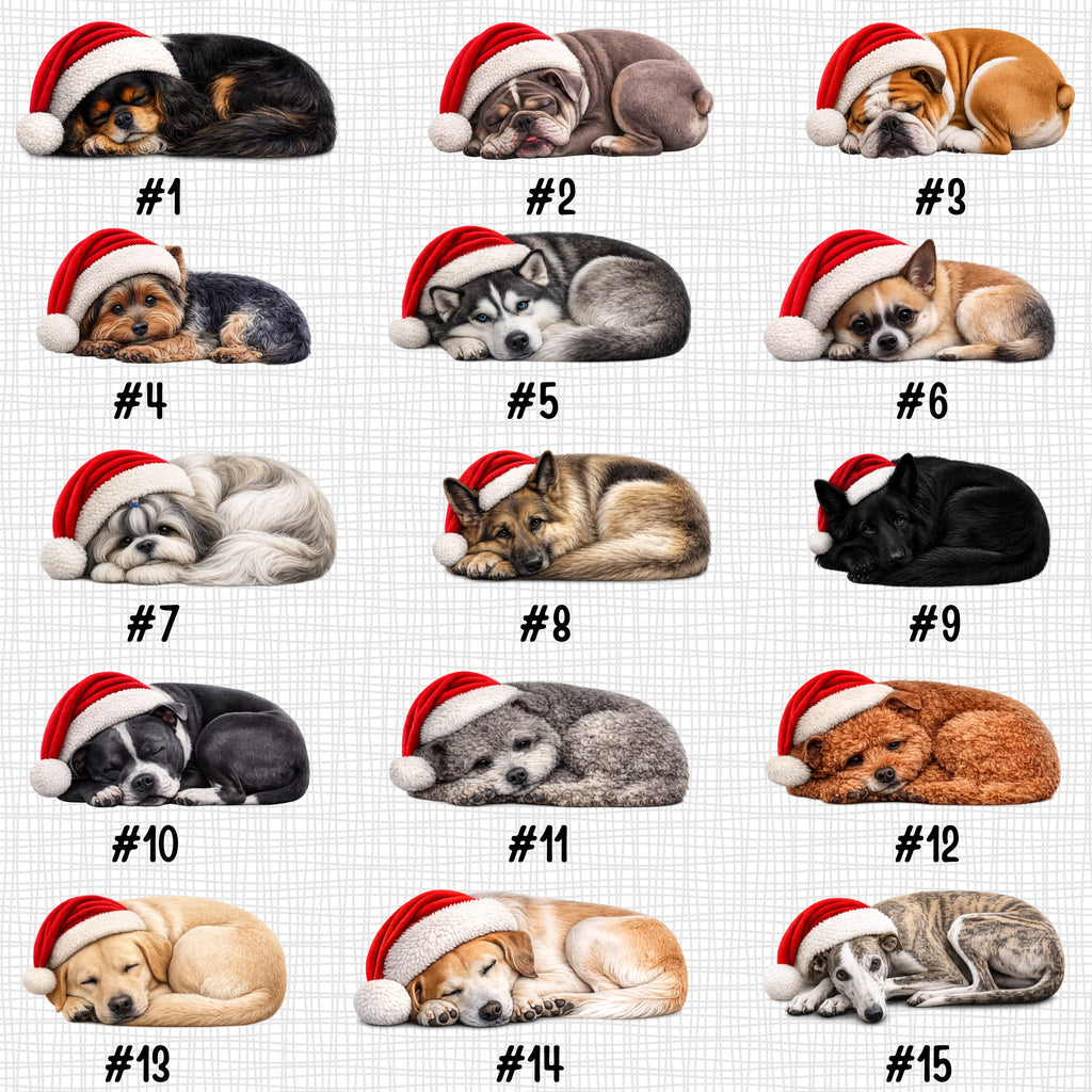 A grid of 15 sleeping dog illustrations, each wearing a red Santa hat, with numbers #1 through #15 beneath them on a light gray patterned background.