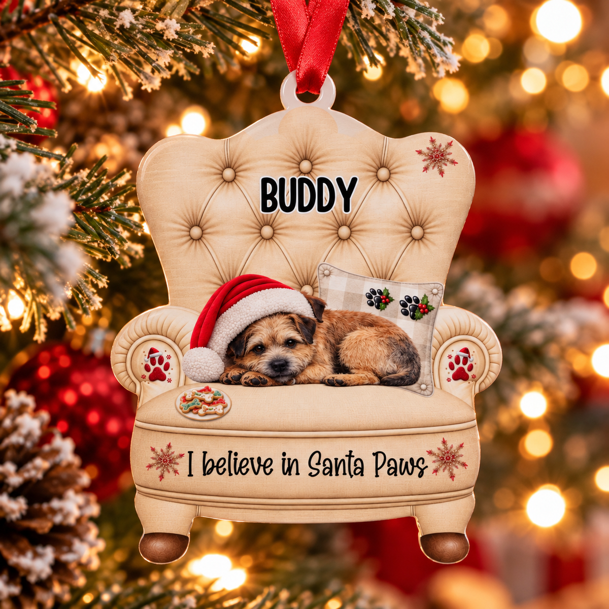 Personalised Christmas dog bauble shaped like an armchair, with a Terrier asleep in a Santa hat and a custom name