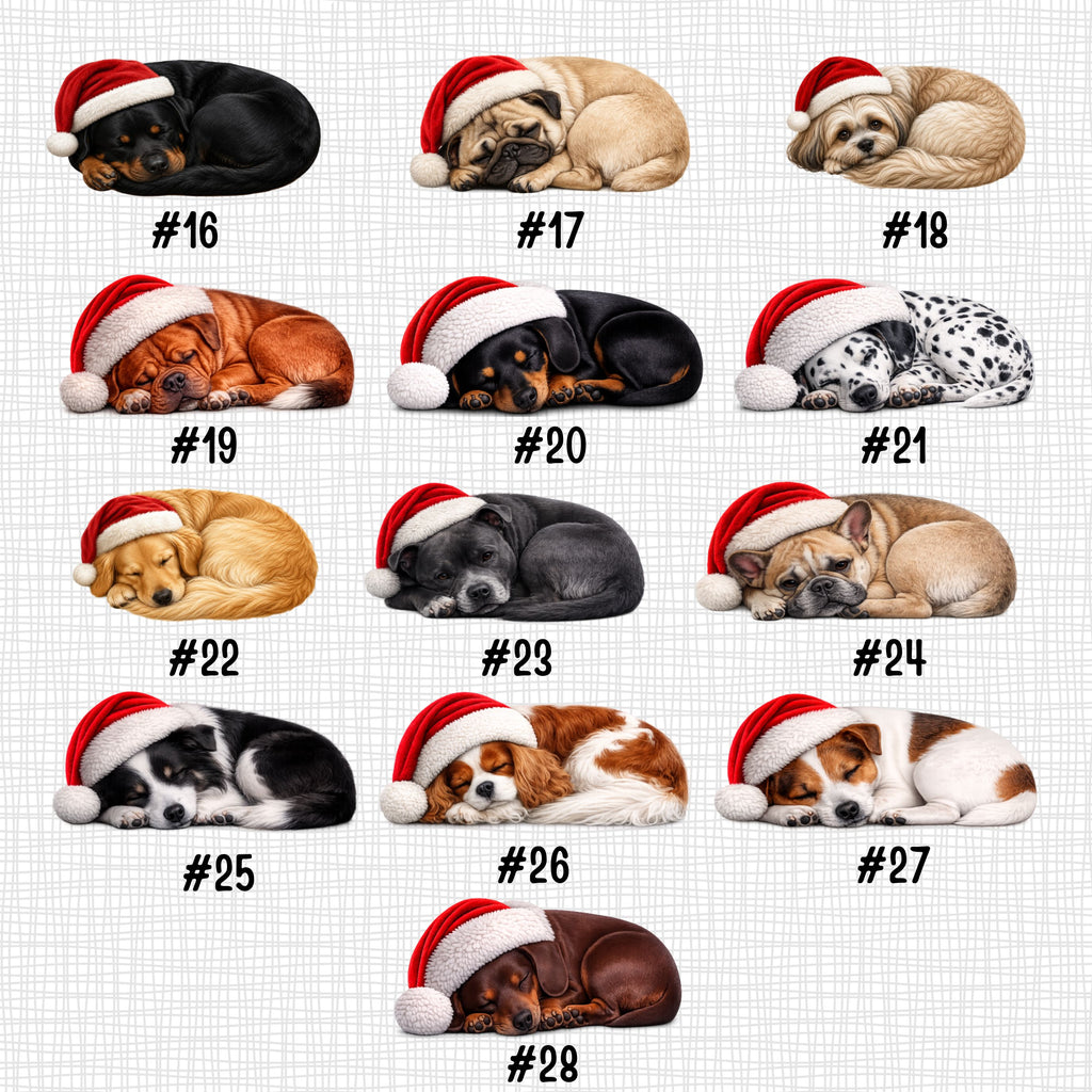 A grid of 28 illustrated sleeping dogs wearing red Santa hats, each labeled with a number from #16 to #28, on a light gray patterned background.