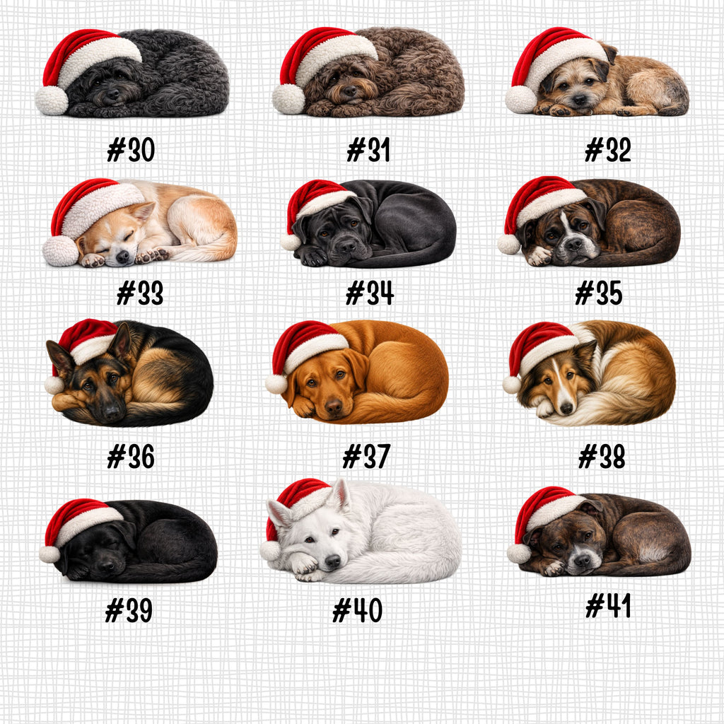 A 4x4 grid of 16 different dog portraits, each wearing a red Santa hat, with numbers #30 through #41 below them on a white grid background.