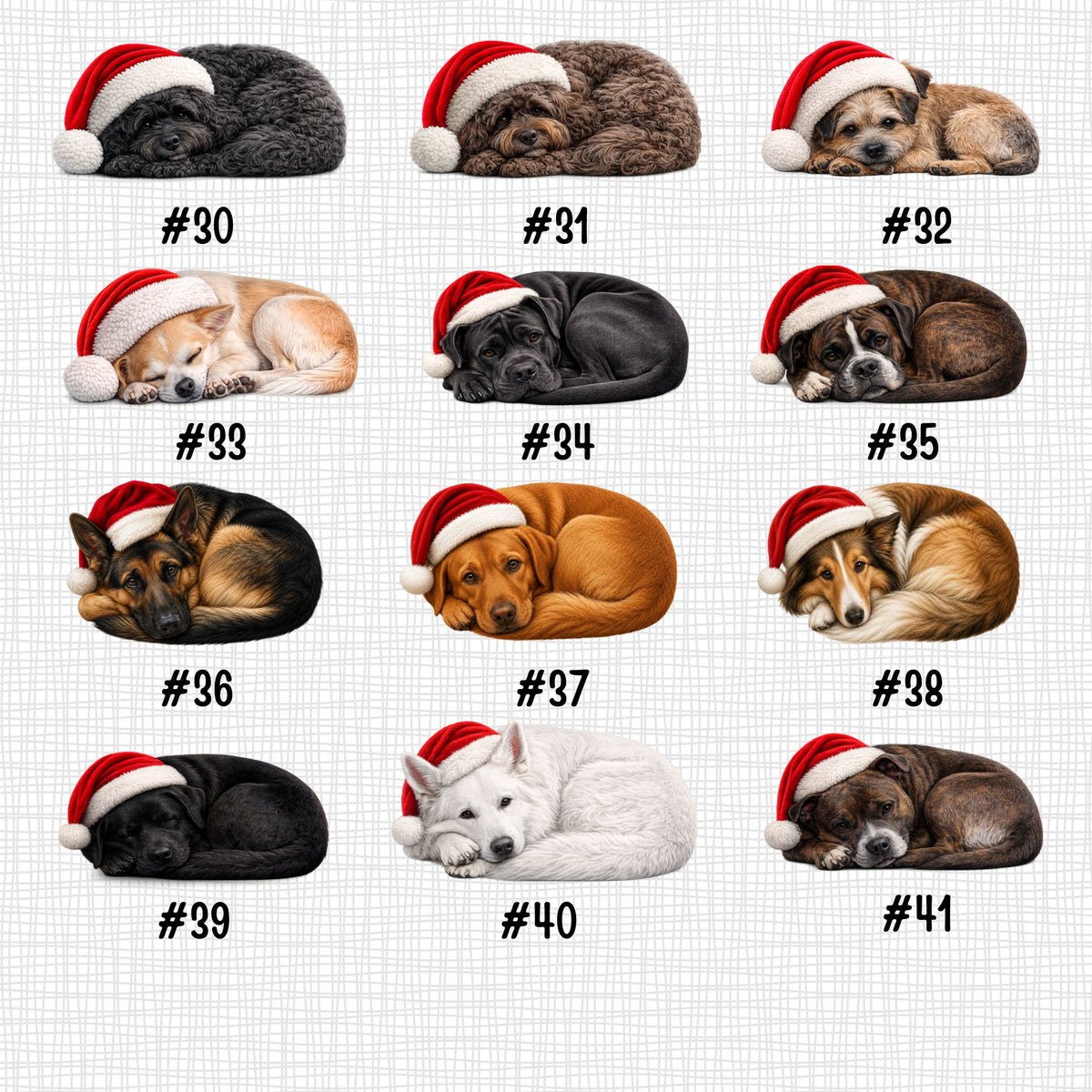 A 4x4 grid of 16 different dog portraits, each wearing a red Santa hat, with numbers #30 through #41 below them on a white grid background.